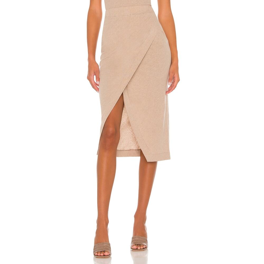 Enza Costa Cotton Cashmere Blend Tan Surplice Midi Skirt Size L
